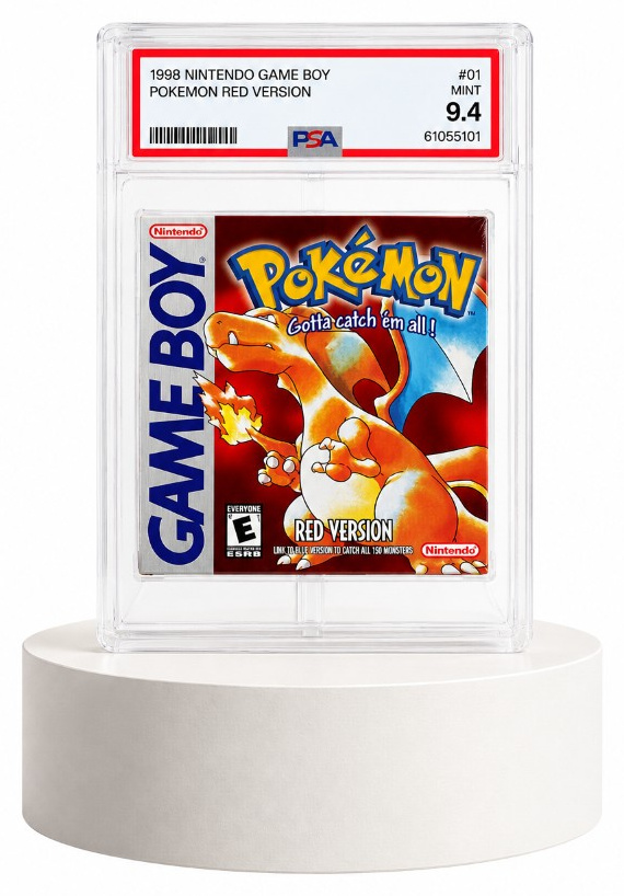 Graded Pokemon Red Game Boy cartridge on a white studio pedestal